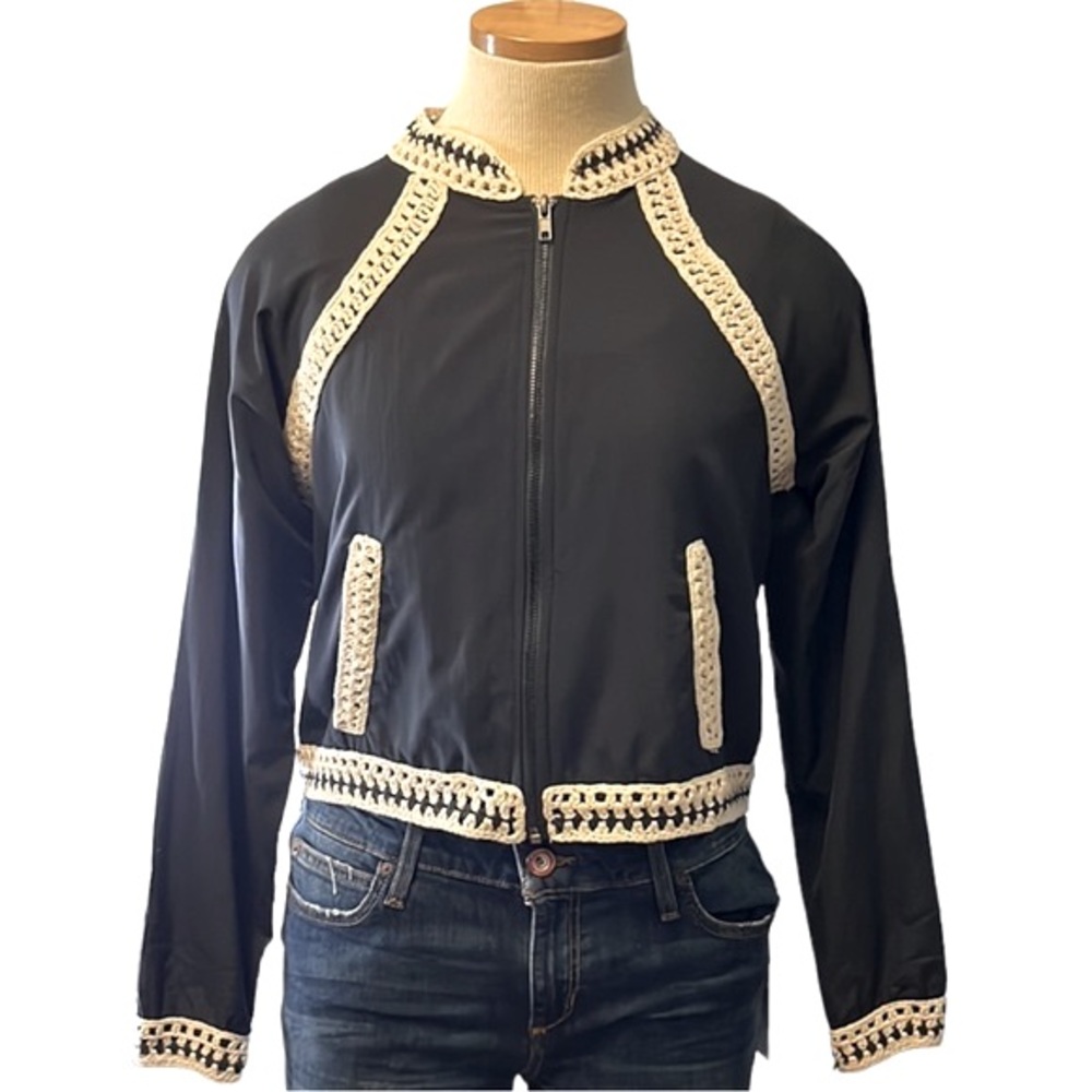 Free People Crochet Trim Cropped Baseball Jacket, Navy/Cream, XS